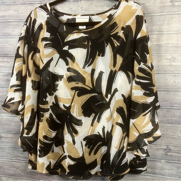 Alfred Dunner Blouse Womens 1X Top Sheer Black Cream White Flutter Abstract - Picture 2 of 10